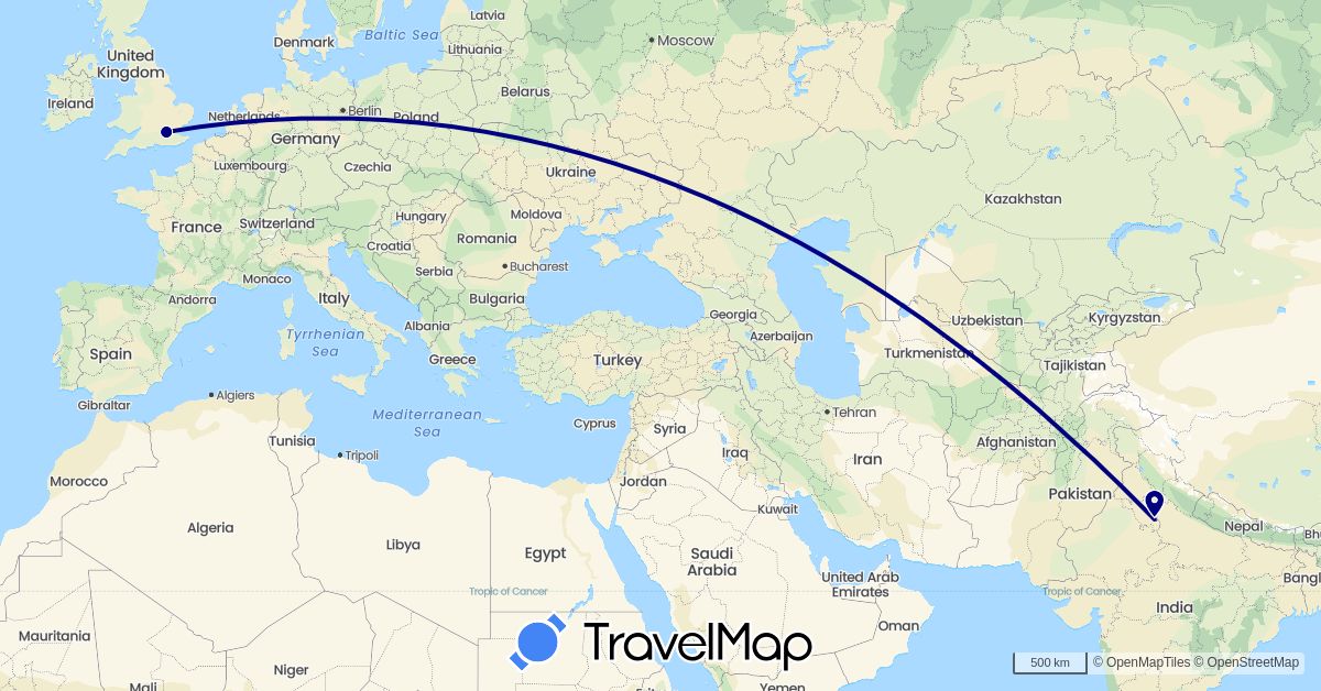 TravelMap itinerary: driving in United Kingdom, India (Asia, Europe)